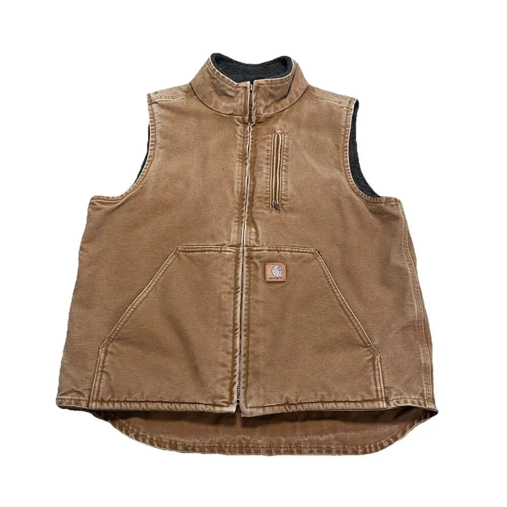 Vintage Carhartt Vest Mens Canvas Sherpa Lined Zip Solid Retro Y2K V33 211 Tan M - Picture 2 of 9